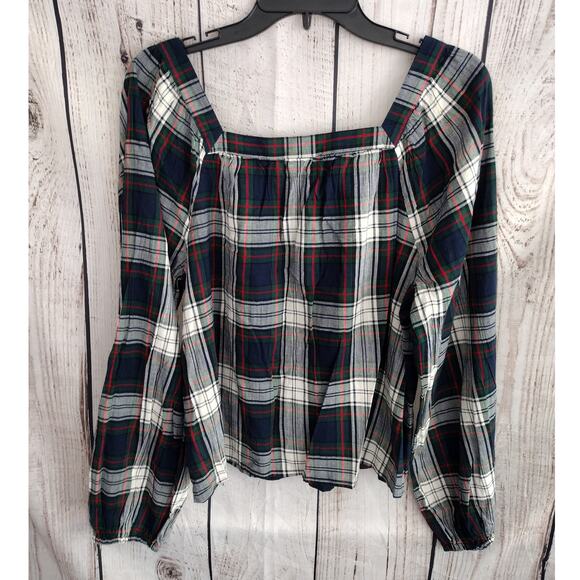 Gap NEW Holiday Plaid Square Neck Long Sleeve Flowy Peasant Top Women Medium - Picture 5 of 9